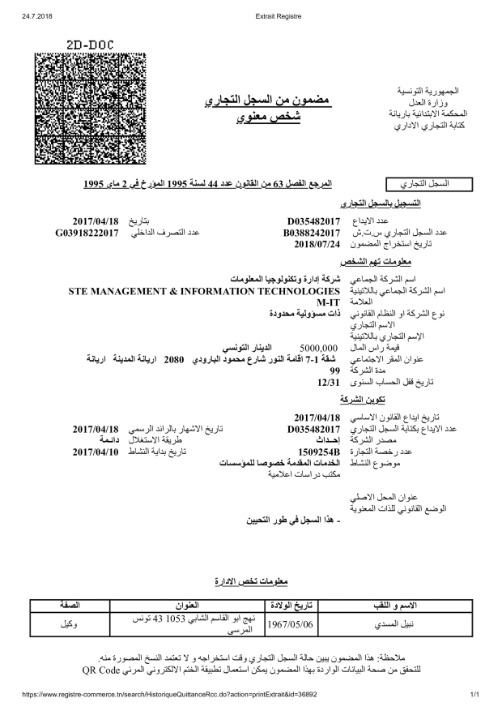 Tunis Certificate of Registration